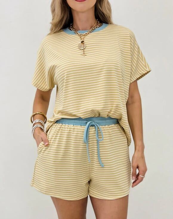 Anniewear Tops - Anniewear Yellow White Stripe Lounge Small Blue Trim Pocket Shorts Matching Set